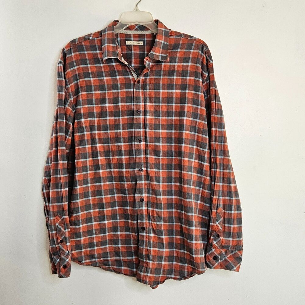Age of Wisdom Shirt Mens XXL Red Plaid Linen Blend Long Sleeve Button Up
